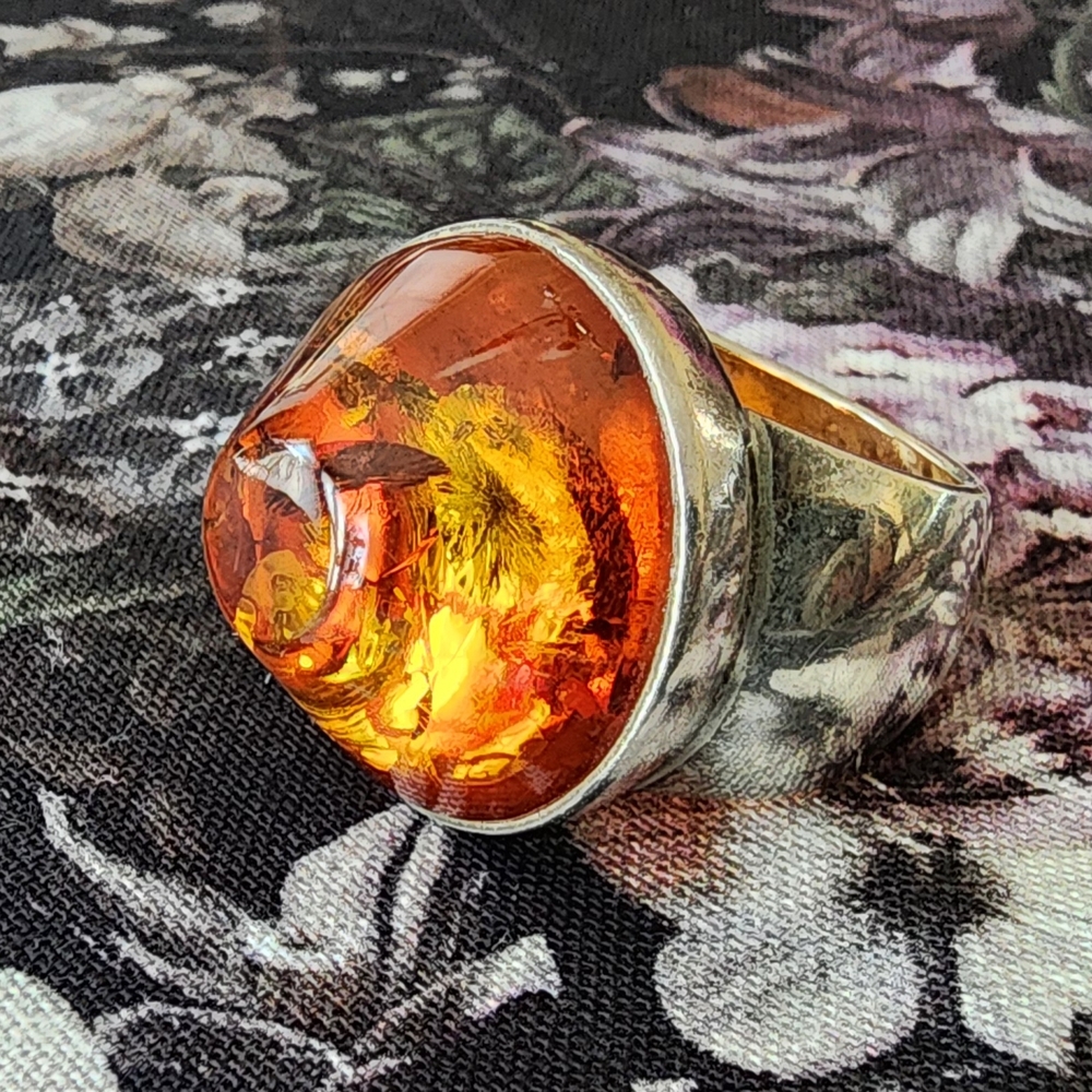 Vtg Modernist Baltic Amber Sterling Silver Statement Ring